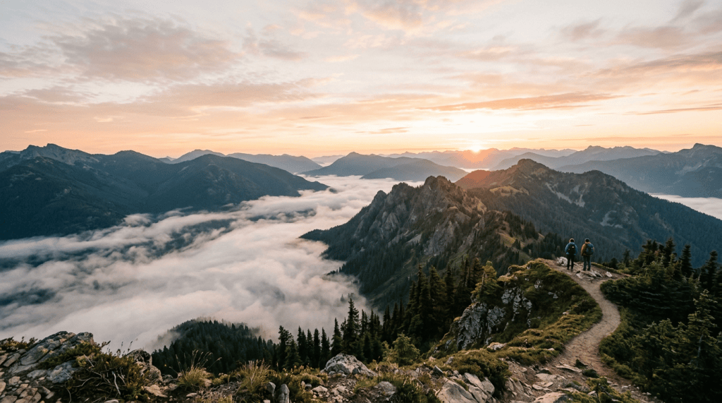 Two hikers standing on a rocky mountain ridge above clouds at sunrise