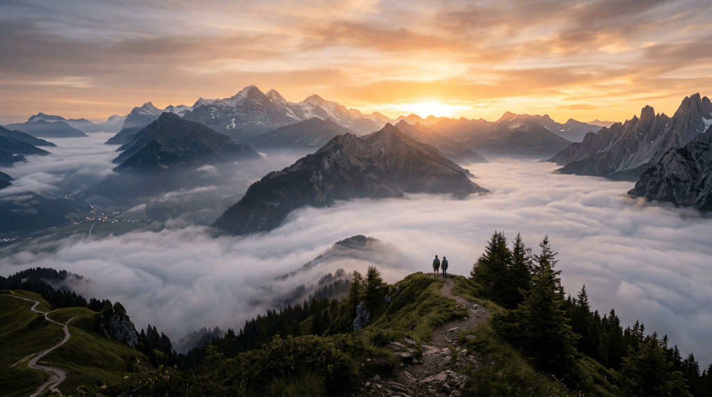 Two hikers on a ridge above clouds with alpine mountains at sunrise